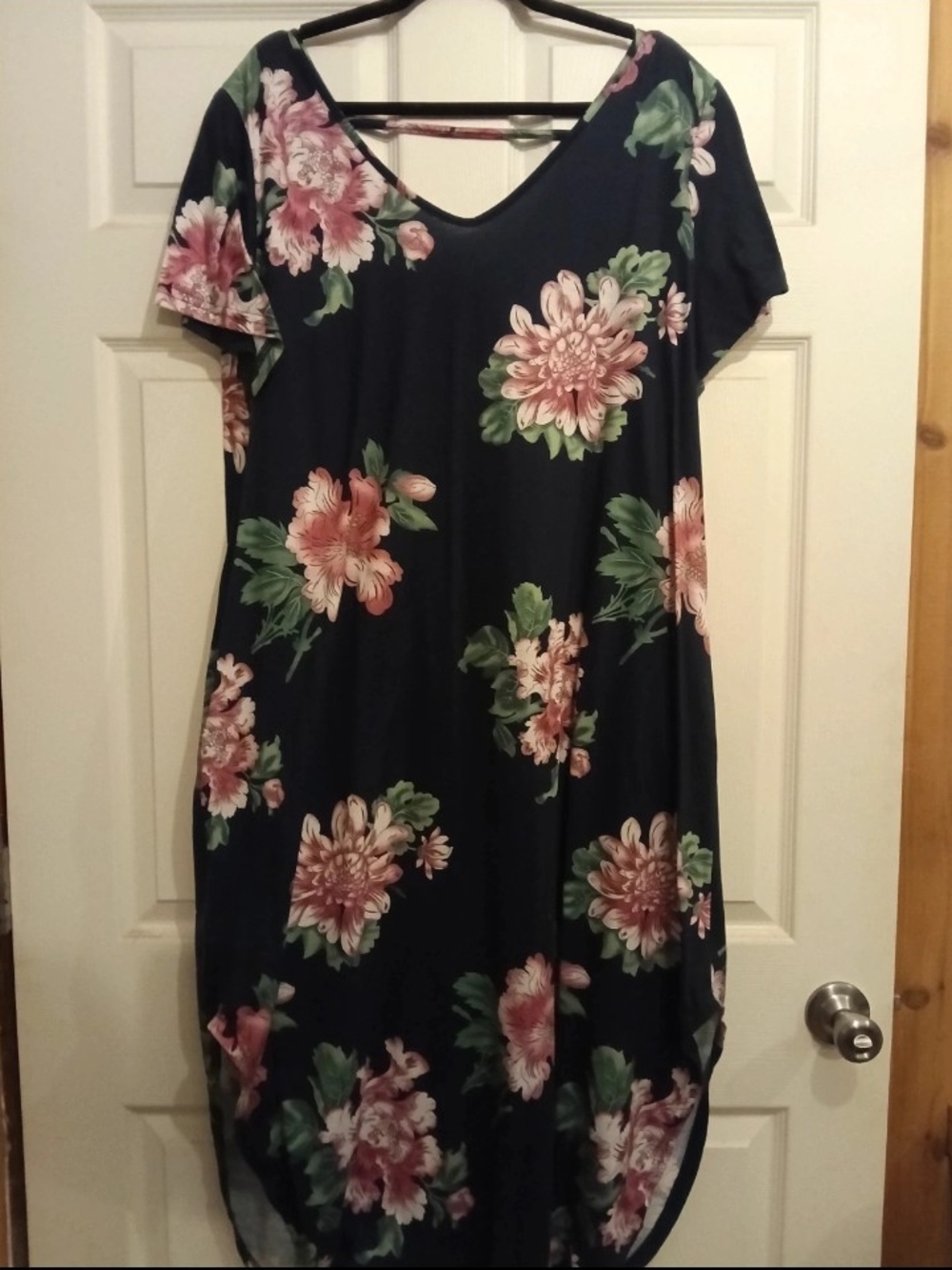 Navy Floral Midi Dress with Pink Blooms